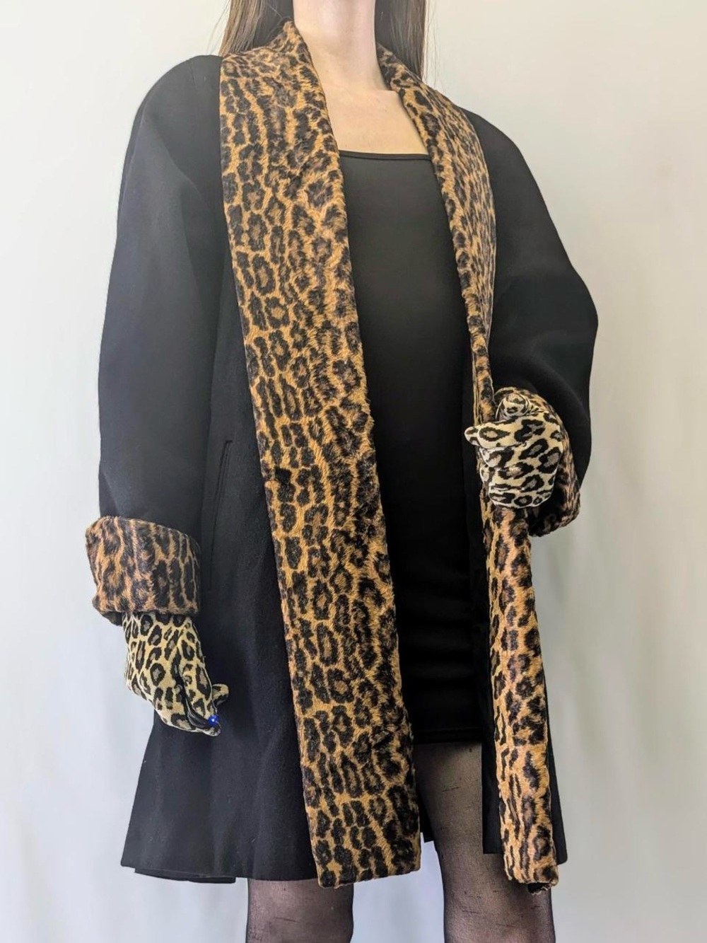 1980s Fashions By Jill Black Wool Coat With Leopard Print Trim